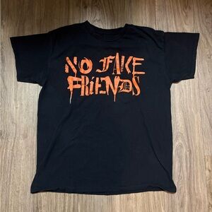 Fashion Nova Black Tee with Bold Orange Text